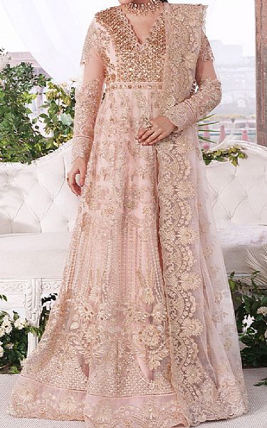 Imrozia Peach Net Suit | Pakistani Embroidered Chiffon Dresses USA- Image 1