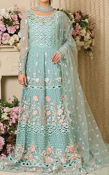 Imrozia Light Turquoise Organza Suit | Pakistani Embroidered Chiffon Dresses- Image 1