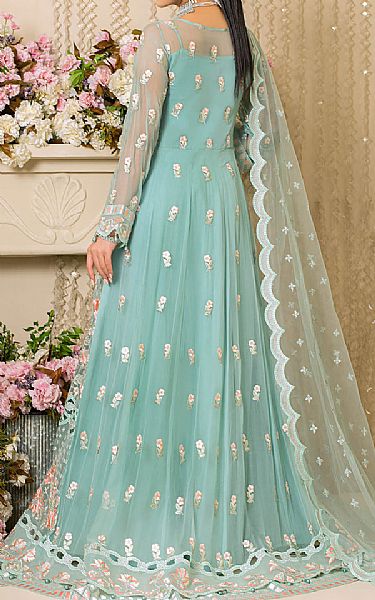 Imrozia Light Turquoise Organza Suit | Pakistani Embroidered Chiffon Dresses- Image 2