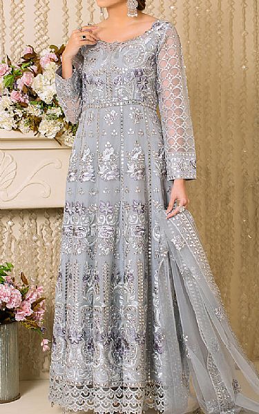 Imrozia Slate Grey Net Suit | Pakistani Embroidered Chiffon Dresses- Image 1