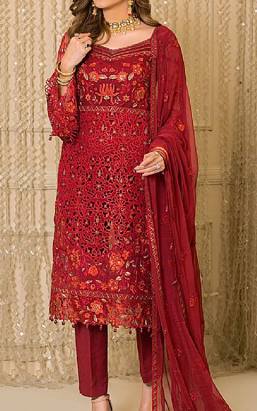 Imrozia Maroon Organza Suit | Pakistani Embroidered Chiffon Dresses- Image 1