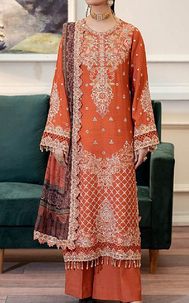 Imrozia Shocking Orange Silk Suit | Pakistani Embroidered Chiffon Dresses USA- Image 1