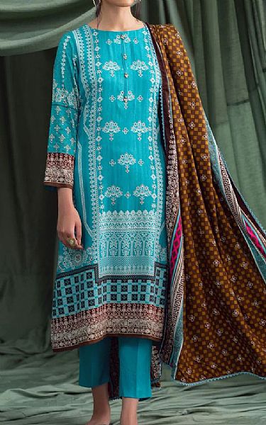 Ittehad Turquoise Linen Suit | Pakistani Dresses in USA- Image 1