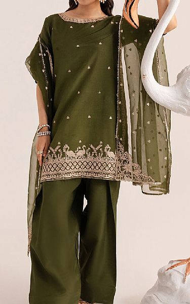 Izel Olive Green Raw Silk Suit | Pakistani Embroidered Chiffon Dresses USA- Image 2
