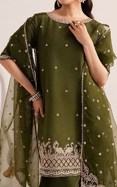 Izel Olive Green Raw Silk Suit | Pakistani Embroidered Chiffon Dresses USA- Image 3