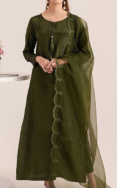 Izel Olive Green Raw Silk Suit | Pakistani Embroidered Chiffon Dresses USA- Image 1