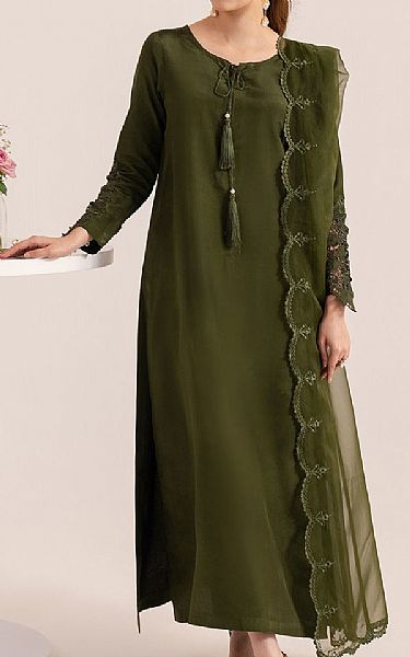 Izel Olive Green Raw Silk Suit | Pakistani Embroidered Chiffon Dresses USA- Image 2