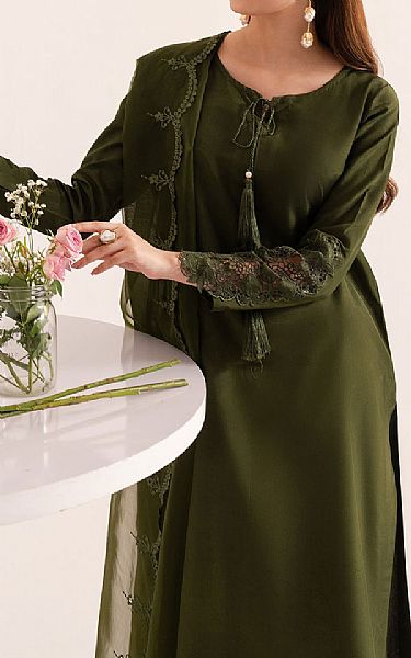 Izel Olive Green Raw Silk Suit | Pakistani Embroidered Chiffon Dresses USA- Image 3