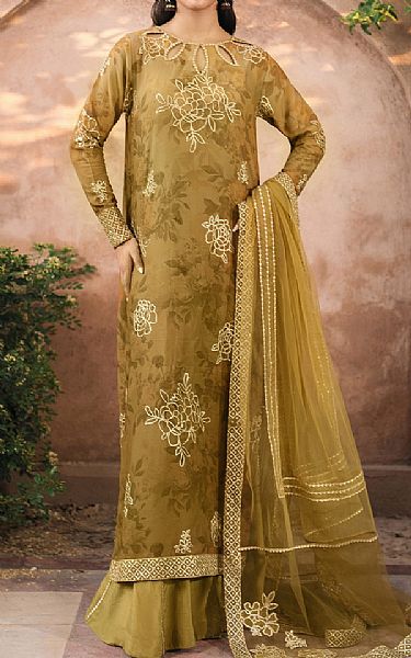 Iznik Satin Sheen Gold Georgette Suit | Pakistani Embroidered Chiffon Dresses USA- Image 1