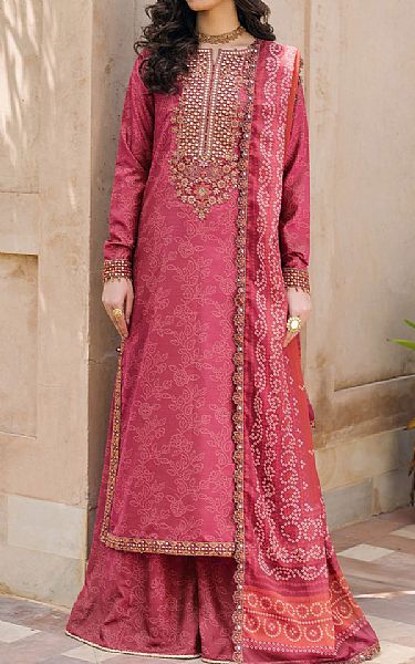 Iznik Dark Pink Raw Silk Suit | Pakistani Embroidered Chiffon Dresses USA- Image 1