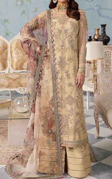 Iznik Tan Net Suit | Pakistani Embroidered Chiffon Dresses- Image 1