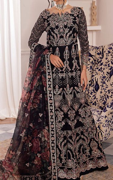 Iznik Black Net Suit | Pakistani Embroidered Chiffon Dresses- Image 1