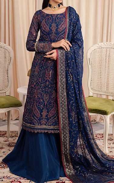Iznik Royal Blue Chiffon Suit | Pakistani Embroidered Chiffon Dresses- Image 1