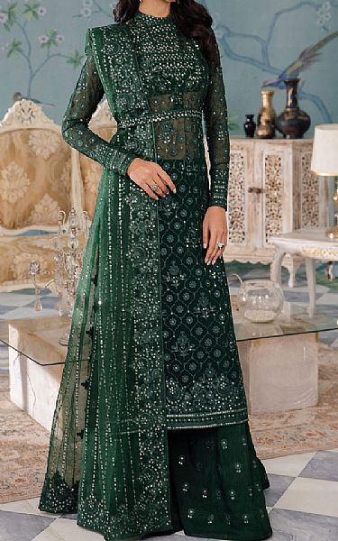 Iznik Bottle Green Net Suit | Pakistani Embroidered Chiffon Dresses- Image 1