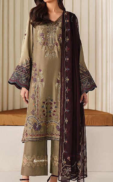 Iznik Fawn Silk Suit | Pakistani Embroidered Chiffon Dresses USA- Image 1