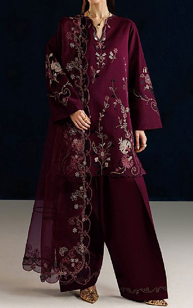 Iznik Burgundy Silk Suit | Pakistani Embroidered Chiffon Dresses USA- Image 1