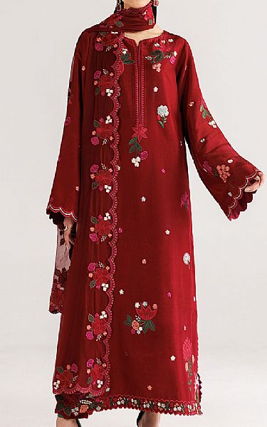 Iznik Scarlet Silk Suit | Pakistani Embroidered Chiffon Dresses USA- Image 1