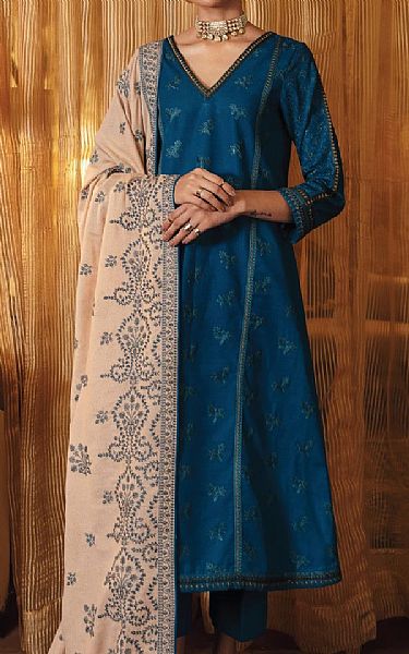 Iznik Denim Blue Khaddar Suit | Pakistani Dresses in USA- Image 1