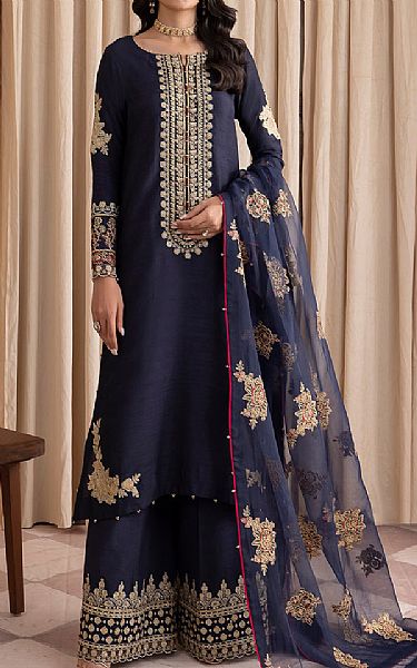 Iznik Navy Blue Silk Suit | Pakistani Embroidered Chiffon Dresses- Image 1