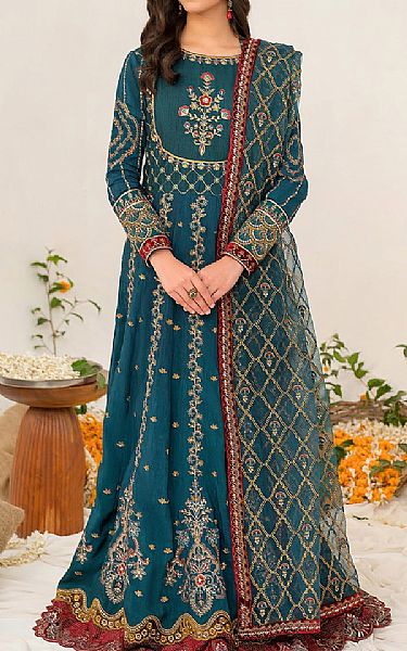 Iznik Teal Blue Silk Suit | Pakistani Embroidered Chiffon Dresses- Image 1