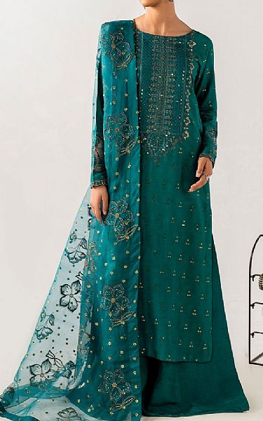 Iznik Teal Raw Silk Suit | Pakistani Embroidered Chiffon Dresses USA- Image 1