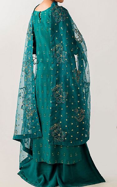 Iznik Teal Raw Silk Suit | Pakistani Embroidered Chiffon Dresses USA- Image 2