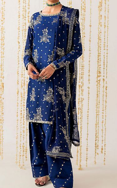 Iznik Royal Blue Raw Silk Suit | Pakistani Embroidered Chiffon Dresses USA- Image 1