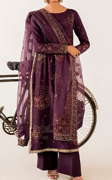 Iznik Plum Raw Silk Suit | Pakistani Embroidered Chiffon Dresses USA- Image 1