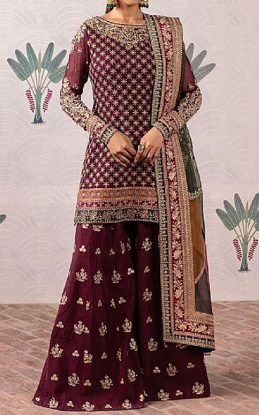 Iznik Wine Chiffon Suit | Pakistani Embroidered Chiffon Dresses- Image 1