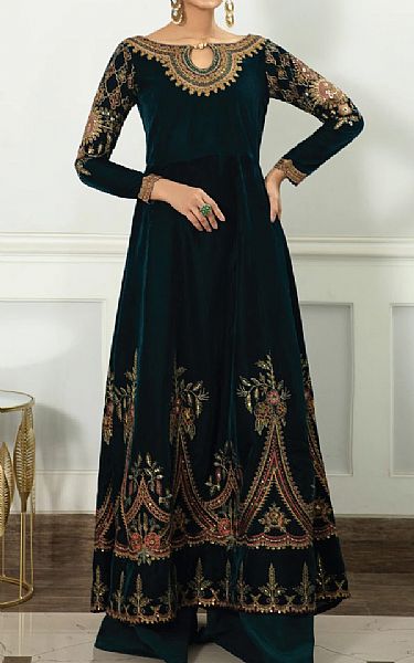 Iznik Dark Green Velvet Suit (2 Pcs) | Pakistani Dresses in USA- Image 1