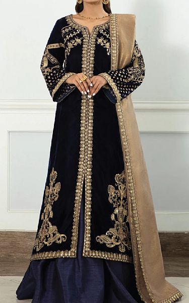 Iznik Navy Blue Velvet Suit | Pakistani Dresses in USA- Image 1