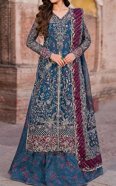 Iznik Blue Organza Suit | Pakistani Embroidered Chiffon Dresses USA- Image 1