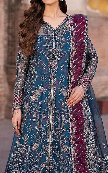 Iznik Blue Organza Suit | Pakistani Embroidered Chiffon Dresses USA- Image 3