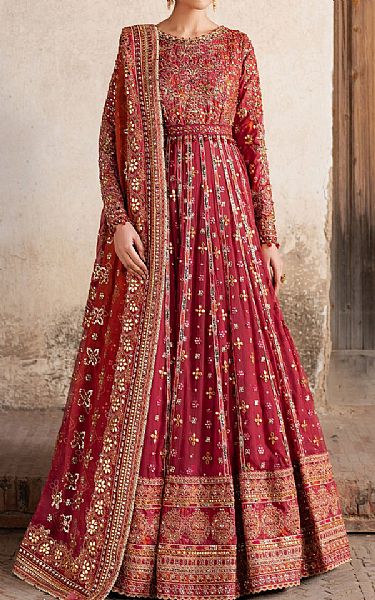 Iznik Brick Red Silk Suit | Pakistani Embroidered Chiffon Dresses USA- Image 1