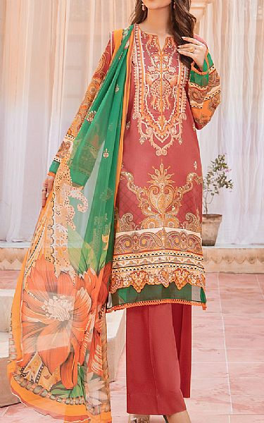 Jahanara Coral Linen Suit | Pakistani Winter Dresses- Image 1