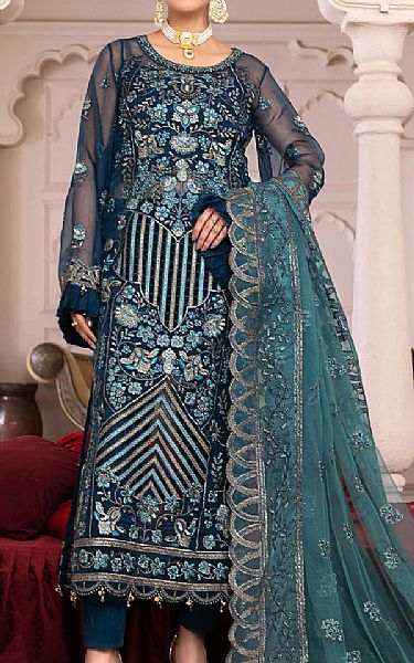 Janique Teal Organza Suit | Pakistani Embroidered Chiffon Dresses- Image 1