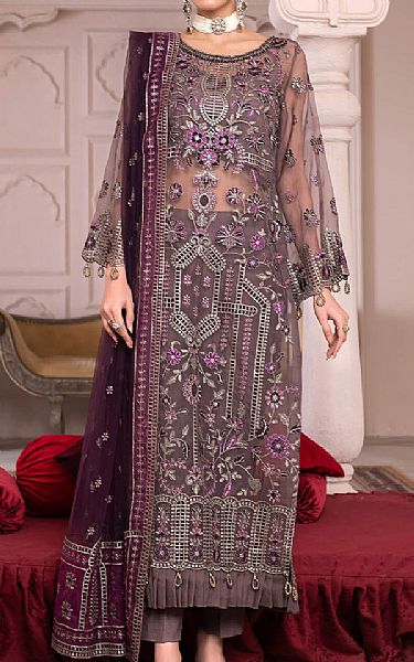 Janique Purple Taupe Organza Suit | Pakistani Embroidered Chiffon Dresses- Image 1