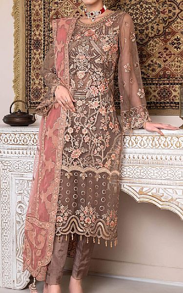 Janique Medium Taupe Organza Suit | Pakistani Embroidered Chiffon Dresses- Image 1