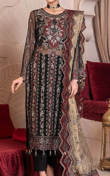 Janique Black Organza Suit | Pakistani Embroidered Chiffon Dresses- Image 1