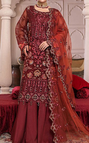 Janique Maroon Organza Suit | Pakistani Embroidered Chiffon Dresses- Image 1