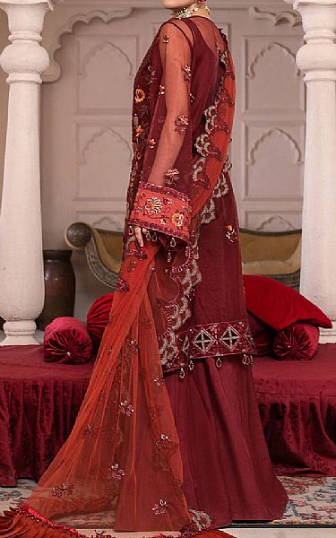 Janique Maroon Organza Suit | Pakistani Embroidered Chiffon Dresses- Image 2