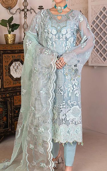 Janique Baby Blue Organza Suit | Pakistani Embroidered Chiffon Dresses- Image 1