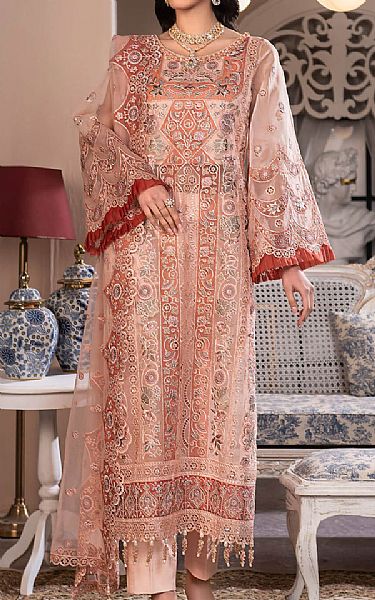 Janique Peach Organza Suit | Pakistani Embroidered Chiffon Dresses USA- Image 1