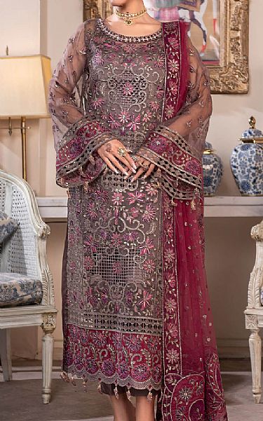 Janique Rose Taupe Organza Suit | Pakistani Embroidered Chiffon Dresses USA- Image 1