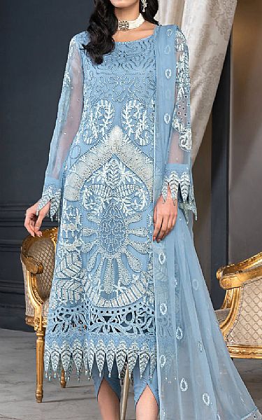 Janique Moonstone Blue Chiffon Suit | Pakistani Embroidered Chiffon Dresses- Image 1