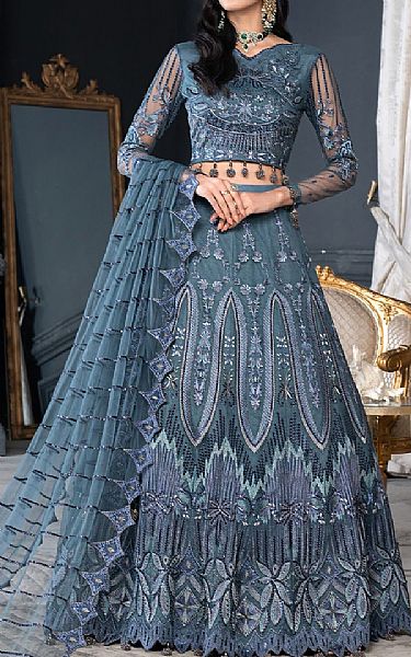 Janique Slate Blue Net Suit | Pakistani Embroidered Chiffon Dresses- Image 1