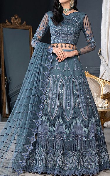 Janique Slate Blue Net Suit | Pakistani Embroidered Chiffon Dresses USA- Image 1