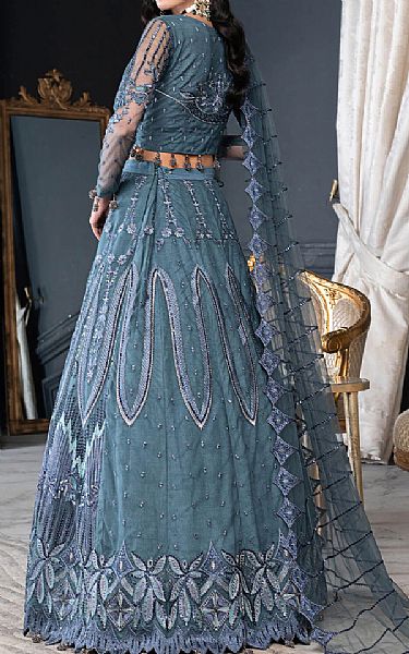 Janique Slate Blue Net Suit | Pakistani Embroidered Chiffon Dresses- Image 2