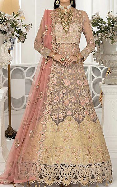 Janique Light Golden/Pink Net Suit | Pakistani Embroidered Chiffon Dresses- Image 1