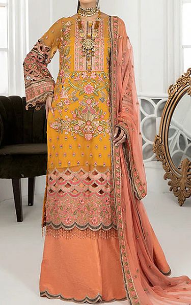 Janique Mustard Chiffon Suit | Pakistani Embroidered Chiffon Dresses- Image 1